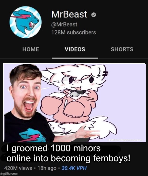 MrBeast thumbnail template | I groomed 1000 minors online into becoming femboys! | image tagged in mrbeast thumbnail template | made w/ Imgflip meme maker