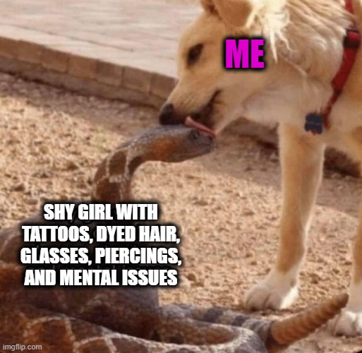 ME; SHY GIRL WITH
TATTOOS, DYED HAIR,
GLASSES, PIERCINGS,
AND MENTAL ISSUES | image tagged in issues | made w/ Imgflip meme maker