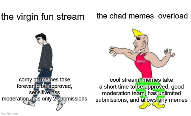 Virgin vs Chad | the chad memes_overload; the virgin fun stream; cool stream, memes take a short time to be approved, good moderation team, has unlimited submissions, and allows any memes; corny af, memes take forever to be approved, sensitive ass moderation, has only 2 submissions | image tagged in virgin vs chad | made w/ Imgflip meme maker