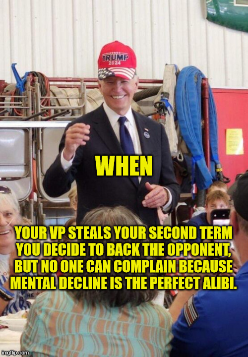 Biden a Trump Supporter? | WHEN; YOUR VP STEALS YOUR SECOND TERM
YOU DECIDE TO BACK THE OPPONENT,
BUT NO ONE CAN COMPLAIN BECAUSE
MENTAL DECLINE IS THE PERFECT ALIBI. | image tagged in biden in trump hat,kamala harris,stole job,mental decline,alibi,trump supporter | made w/ Imgflip meme maker