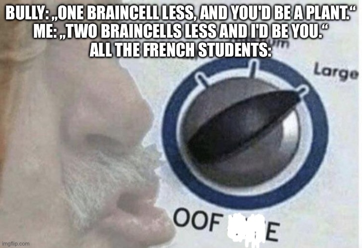 I am a roast king! And a grill master | BULLY: „ONE BRAINCELL LESS, AND YOU'D BE A PLANT.“
ME: „TWO BRAINCELLS LESS AND I'D BE YOU.“
ALL THE FRENCH STUDENTS: | image tagged in oof size large | made w/ Imgflip meme maker