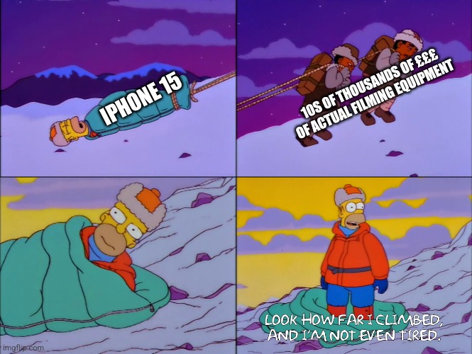 28 years later | 10S OF THOUSANDS OF £££ OF ACTUAL FILMING EQUIPMENT; IPHONE 15 | image tagged in lazy homer,homer pulled on sled,simpsons meme,iphone15 | made w/ Imgflip meme maker