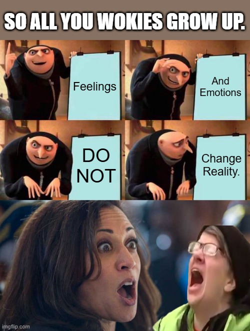 SO ALL YOU WOKIES GROW UP. Feelings; And Emotions; DO NOT; Change Reality. | image tagged in memes,gru's plan,kamala harriss | made w/ Imgflip meme maker