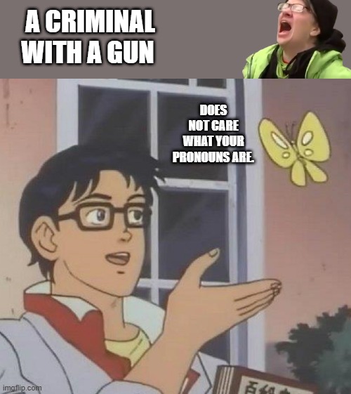 No hablo english | A CRIMINAL WITH A GUN; DOES NOT CARE WHAT YOUR PRONOUNS ARE. | image tagged in memes,is this a pigeon | made w/ Imgflip meme maker