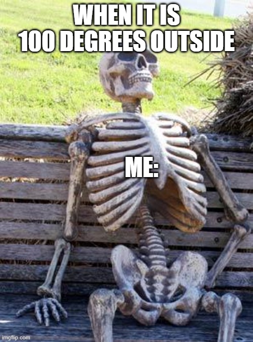 100 degrees be like | WHEN IT IS 100 DEGREES OUTSIDE; ME: | image tagged in memes,waiting skeleton | made w/ Imgflip meme maker