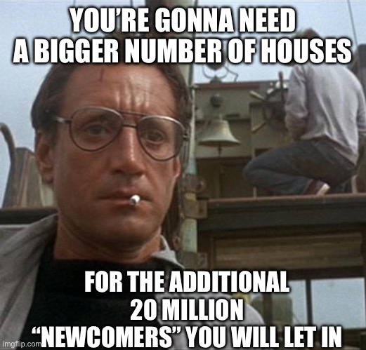jaws | YOU’RE GONNA NEED A BIGGER NUMBER OF HOUSES FOR THE ADDITIONAL 20 MILLION “NEWCOMERS” YOU WILL LET IN | image tagged in jaws | made w/ Imgflip meme maker