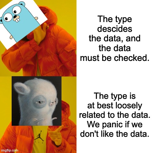 Drake Hotline Bling | The type descides the data, and the data must be checked. The type is at best loosely related to the data. We panic if we don't like the data. | image tagged in memes,drake hotline bling | made w/ Imgflip meme maker