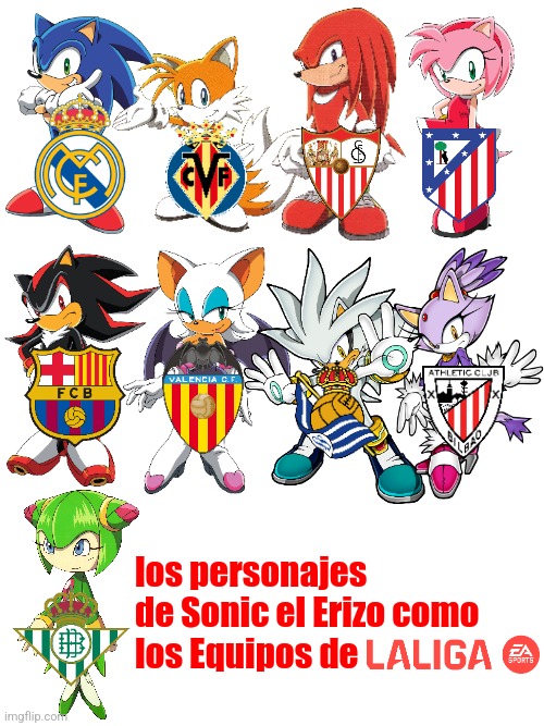 Personajes de Sonic el Erizo como equipos de LALIGA EA SPORTS | los personajes de Sonic el Erizo como
los Equipos de | image tagged in laliga,barcelona,real madrid,sonic,soccer,sports | made w/ Imgflip meme maker