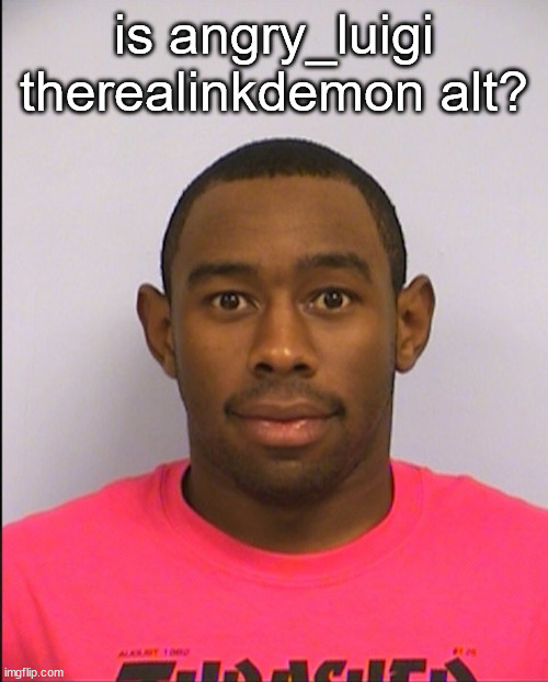 Tyler Mugshot | is angry_luigi therealinkdemon alt? | image tagged in tyler mugshot | made w/ Imgflip meme maker