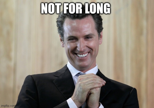 Scheming Gavin Newsom  | NOT FOR LONG | image tagged in scheming gavin newsom | made w/ Imgflip meme maker