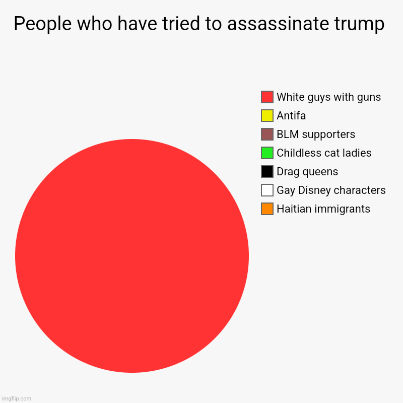 Just in case you were confused about what the biggest threat to America is | People who have tried to assassinate trump | Haitian immigrants , Gay Disney characters , Drag queens, Childless cat ladies, BLM supporters, | image tagged in charts,pie charts,scumbag republicans,terrorists,trailer trash,conservative hypocrisy | made w/ Imgflip chart maker