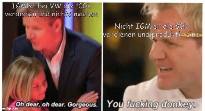 you fucking donkey | IGMler bei VW die 100k verdienen und nichts machen; Nicht IGMler die 80k verdienen und produktiv sind | image tagged in you fucking donkey | made w/ Imgflip meme maker