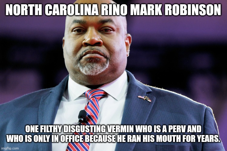 North Carolina filthy man for Governor | NORTH CAROLINA RINO MARK ROBINSON; ONE FILTHY DISGUSTING VERMIN WHO IS A PERV AND WHO IS ONLY IN OFFICE BECAUSE HE RAN HIS MOUTH FOR YEARS. | image tagged in north carolina,rino,domestic violence,republican party | made w/ Imgflip meme maker