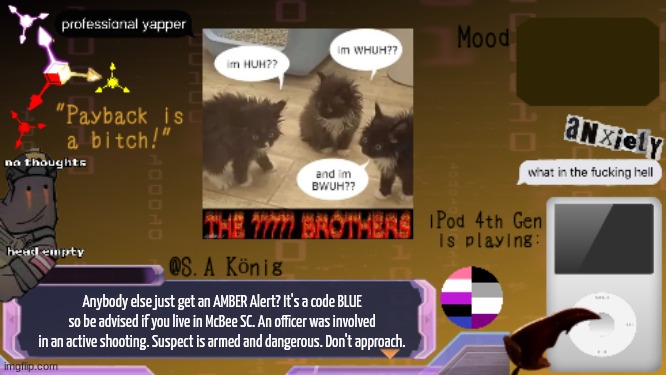 Full alert in comments | Anybody else just get an AMBER Alert? It's a code BLUE so be advised if you live in McBee SC. An officer was involved in an active shooting. Suspect is armed and dangerous. Don't approach. | image tagged in sak temp idk | made w/ Imgflip meme maker