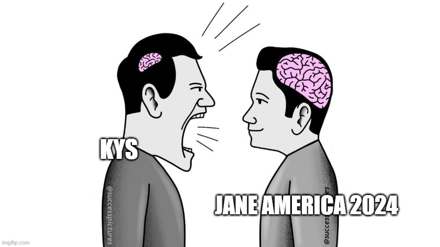 small brain yelling at big brain | KYS JANE AMERICA 2024 | image tagged in small brain yelling at big brain | made w/ Imgflip meme maker