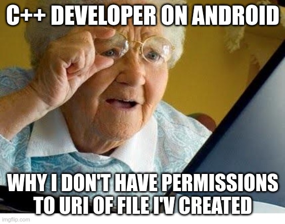 old lady at computer | C++ DEVELOPER ON ANDROID; WHY I DON'T HAVE PERMISSIONS TO URI OF FILE I'V CREATED | image tagged in old lady at computer,android,development,programming,security | made w/ Imgflip meme maker