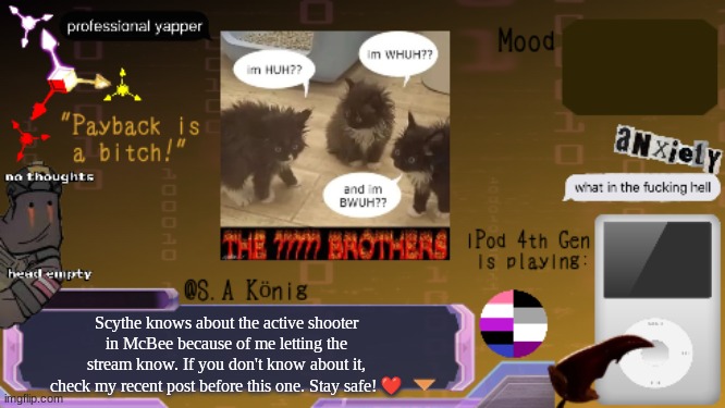 SAK Temp idk | Scythe knows about the active shooter in McBee because of me letting the stream know. If you don't know about it, check my recent post before this one. Stay safe! ❤ | image tagged in sak temp idk | made w/ Imgflip meme maker