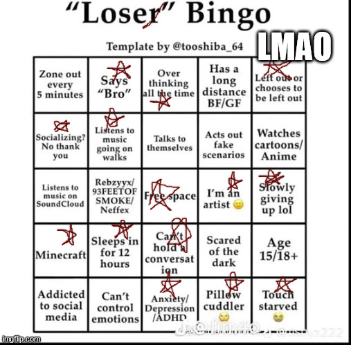 doesn't everybody do at least one of these things, like- | LMAO | image tagged in loser bingo | made w/ Imgflip meme maker