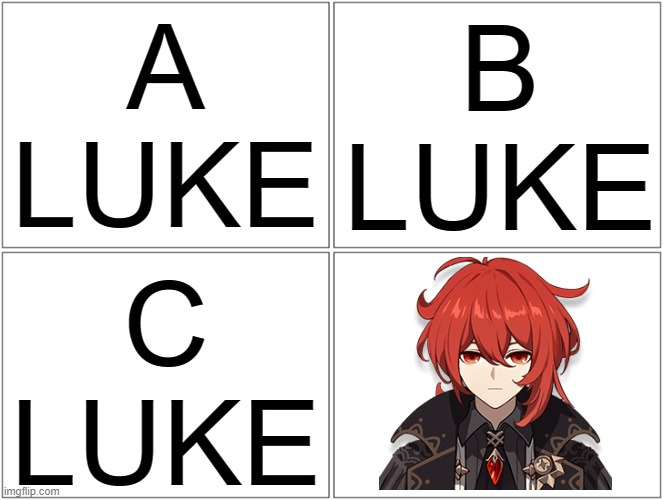 dliuc lol | A
LUKE; B
LUKE; C
LUKE | image tagged in memes,blank comic panel 2x2,genshin impact,diluc,funny | made w/ Imgflip meme maker