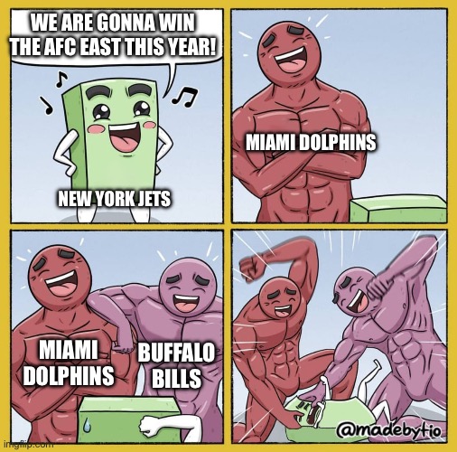 Guy getting beat up | WE ARE GONNA WIN THE AFC EAST THIS YEAR! MIAMI DOLPHINS; NEW YORK JETS; MIAMI DOLPHINS; BUFFALO BILLS | image tagged in guy getting beat up,nfl,football,nfl memes,miami dolphins | made w/ Imgflip meme maker