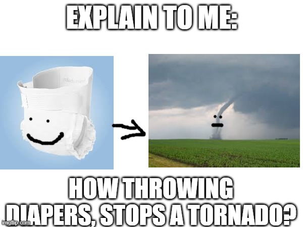 Annoyance | EXPLAIN TO ME:; HOW THROWING DIAPERS, STOPS A TORNADO? | image tagged in twisters 2,one does not simply,tornado,innacurate | made w/ Imgflip meme maker