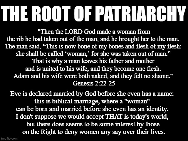 The Root of Patriarchy | THE ROOT OF PATRIARCHY; "Then the LORD God made a woman from the rib he had taken out of the man, and he brought her to the man. 
The man said, “This is now bone of my bones and flesh of my flesh; 
she shall be called ‘woman,’ for she was taken out of man.” 
That is why a man leaves his father and mother 
and is united to his wife, and they become one flesh. 
Adam and his wife were both naked, and they felt no shame." 
Genesis 2:22-25; Eve is declared married by God before she even has a name: 
this is biblical marriage, where a "woman" 
can be born and married before she even has an identity. 
I don't suppose we would accept THAT is today's world, 
but there does seems to be some interest by those
 on the Right to deny women any say over their lives. | image tagged in bible,god is evil,patriarchy,bible is a myth,fairytales | made w/ Imgflip meme maker