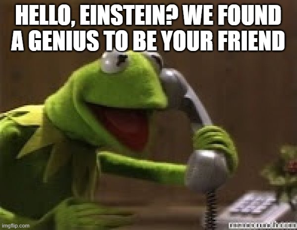 Kermit The Frog At Phone | HELLO, EINSTEIN? WE FOUND A GENIUS TO BE YOUR FRIEND | image tagged in kermit the frog at phone | made w/ Imgflip meme maker