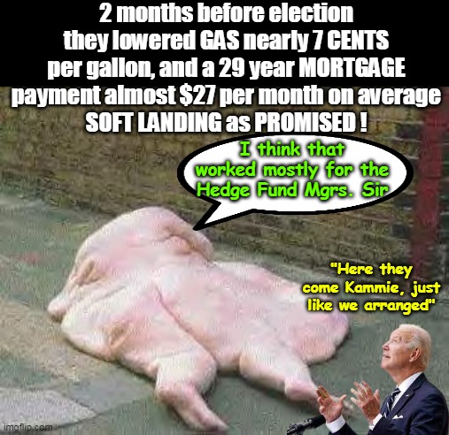 "Soft Landing" But will STILL vote Harris Walz for JOY | 2 months before election they lowered GAS nearly 7 CENTS per gallon, and a 29 year MORTGAGE payment almost $27 per month on average
SOFT LANDING as PROMISED ! I think that worked mostly for the Hedge Fund Mgrs. Sir; "Here they come Kammie, just like we arranged" | image tagged in soft landing biden kamala meme | made w/ Imgflip meme maker