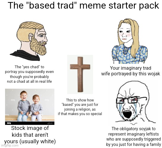 The cringy "based trad" memer starter pack | The "based trad" meme starter pack; Your imaginary trad wife portrayed by this wojak; The "yes chad" to portray you supposedly even though you're probably not a chad at all in real life; This to show how "based" you are just for joining a religion, as if that makes you so special; Stock image of kids that aren't yours (usually white); The obligatory soyjak to represent imaginary leftists who are supposedly triggered by you just for having a family | image tagged in starter pack,trad,wojak,cringe,incel | made w/ Imgflip meme maker