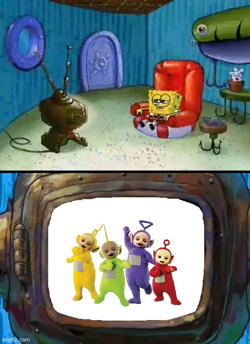 SpongeBob Watching Teletubbies | image tagged in spongebob,nickelodeon,spongebob squarepants,pbs kids,pbs,teletubbies | made w/ Imgflip meme maker