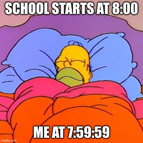 literally me | SCHOOL STARTS AT 8:00; ME AT 7:59:59 | image tagged in school memes,relatable | made w/ Imgflip meme maker