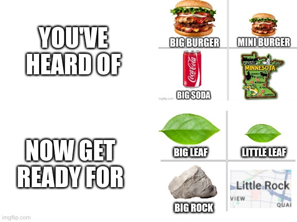 i have an idea | YOU'VE HEARD OF; NOW GET READY FOR; BIG LEAF                   LITTLE LEAF; BIG ROCK | image tagged in minnesota,rock,leaf,little rock,arkansas,burger | made w/ Imgflip meme maker