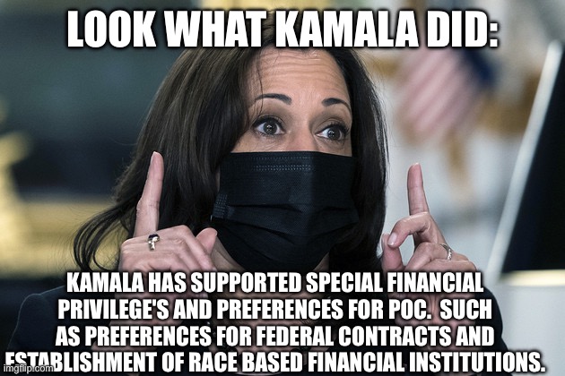 LOOK WHAT KAMALA DID:; KAMALA HAS SUPPORTED SPECIAL FINANCIAL PRIVILEGE'S AND PREFERENCES FOR POC.  SUCH AS PREFERENCES FOR FEDERAL CONTRACTS AND ESTABLISHMENT OF RACE BASED FINANCIAL INSTITUTIONS. | image tagged in kamala harris,democrats,election,politics,leftists,maga | made w/ Imgflip meme maker