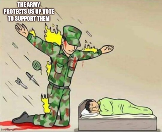 Soldier protecting sleeping child | THE ARMY PROTECTS US UP VOTE TO SUPPORT THEM | image tagged in soldier protecting sleeping child | made w/ Imgflip meme maker