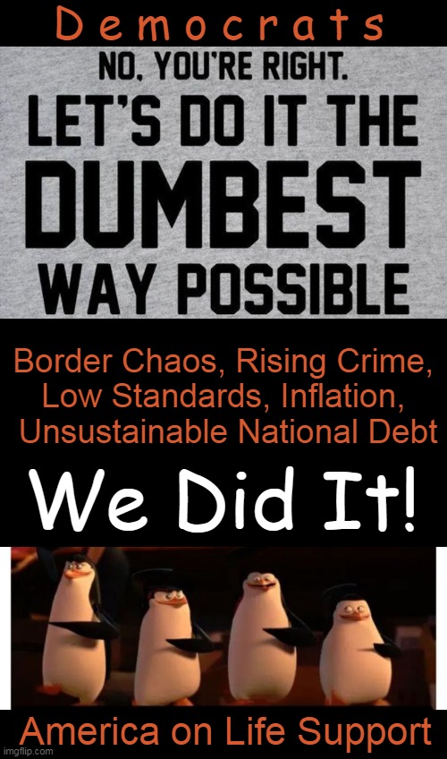 Giving Credit Where Credit Is Due | D e m o c r a t s; Border Chaos, Rising Crime, 
Low Standards, Inflation, 
Unsustainable National Debt; We Did It! America on Life Support | image tagged in democrats,liberals vs conservatives,success,failure,dumbest,political humor | made w/ Imgflip meme maker