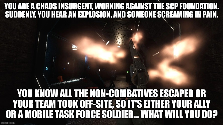 SCP lore suggested. Serious RP. Rules in comments. | YOU ARE A CHAOS INSURGENT, WORKING AGAINST THE SCP FOUNDATION. SUDDENLY, YOU HEAR AN EXPLOSION, AND SOMEONE SCREAMING IN PAIN. YOU KNOW ALL THE NON-COMBATIVES ESCAPED OR YOUR TEAM TOOK OFF-SITE, SO IT'S EITHER YOUR ALLY OR A MOBILE TASK FORCE SOLDIER... WHAT WILL YOU DO? | made w/ Imgflip meme maker