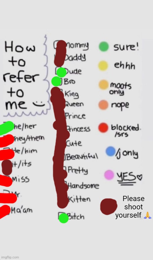 How To Refer To Me :) | Please shoot yourself 🙏 | image tagged in how to refer to me | made w/ Imgflip meme maker
