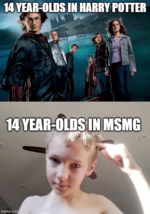14 YEAR-OLDS IN HARRY POTTER; 14 YEAR-OLDS IN MSMG | image tagged in roll safe but me | made w/ Imgflip meme maker