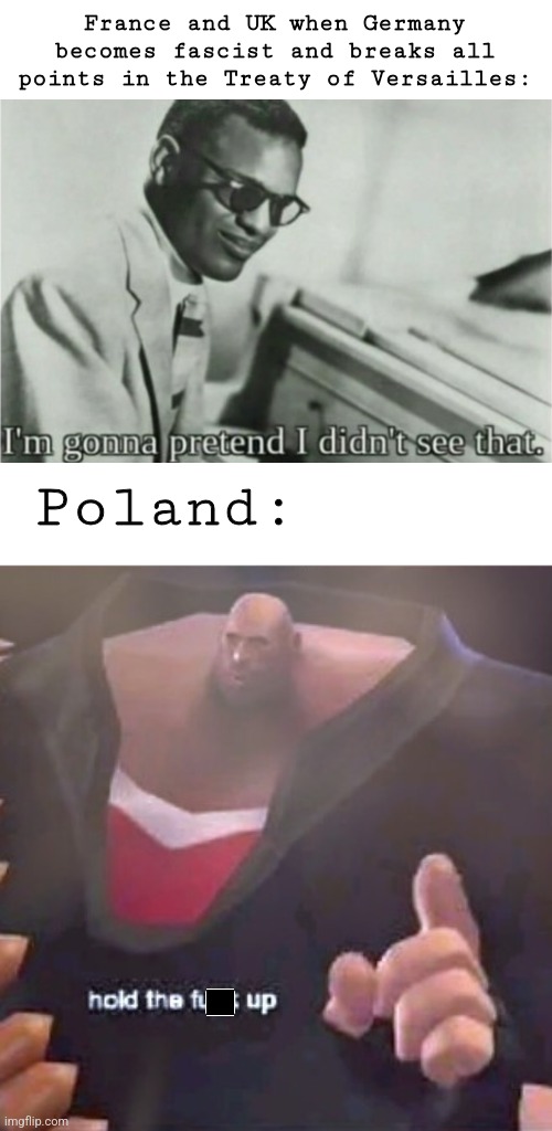 Hold the F@%K up Heavy | France and UK when Germany becomes fascist and breaks all points in the Treaty of Versailles:; Poland: | image tagged in ww2,poland,france,uk,germany,treaty of versailles | made w/ Imgflip meme maker