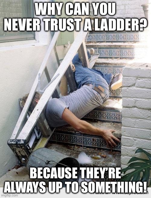 Ladder Fail | WHY CAN YOU NEVER TRUST A LADDER? BECAUSE THEY’RE ALWAYS UP TO SOMETHING! | image tagged in ladder fail | made w/ Imgflip meme maker