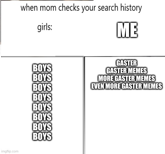 when mom checks your search history | ME; GASTER

GASTER MEMES
MORE GASTER MEMES
EVEN MORE GASTER MEMES; BOYS
BOYS
BOYS
BOYS
BOYS
BOYS
BOYS
BOYS | image tagged in when mom checks your search history | made w/ Imgflip meme maker