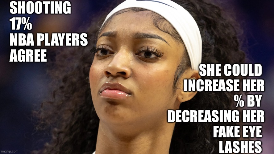 WNBA future | SHOOTING 
17%
NBA PLAYERS 
AGREE; SHE COULD 
INCREASE HER
% BY 
DECREASING HER
FAKE EYE 
LASHES | image tagged in angel reese does not approve,memes,funny | made w/ Imgflip meme maker