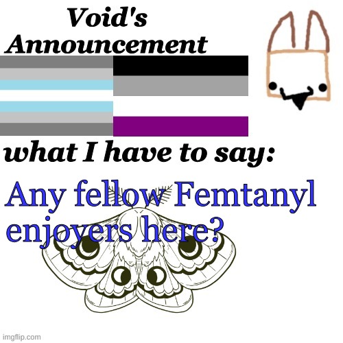 Void Announcement temp | Any fellow Femtanyl enjoyers here? | image tagged in void announcement temp | made w/ Imgflip meme maker