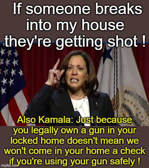 Kamala the (cough cough) Role Model | If someone breaks into my house they're getting shot ! Also Kamala: Just because you legally own a gun in your locked home doesn't mean we won't come in your home a check if you're using your gun safely ! | image tagged in kamala angry,guns | made w/ Imgflip meme maker