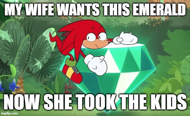 Knuckles. | MY WIFE WANTS THIS EMERALD; NOW SHE TOOK THE KIDS | image tagged in sonic the hedgehog,knuckles | made w/ Imgflip meme maker