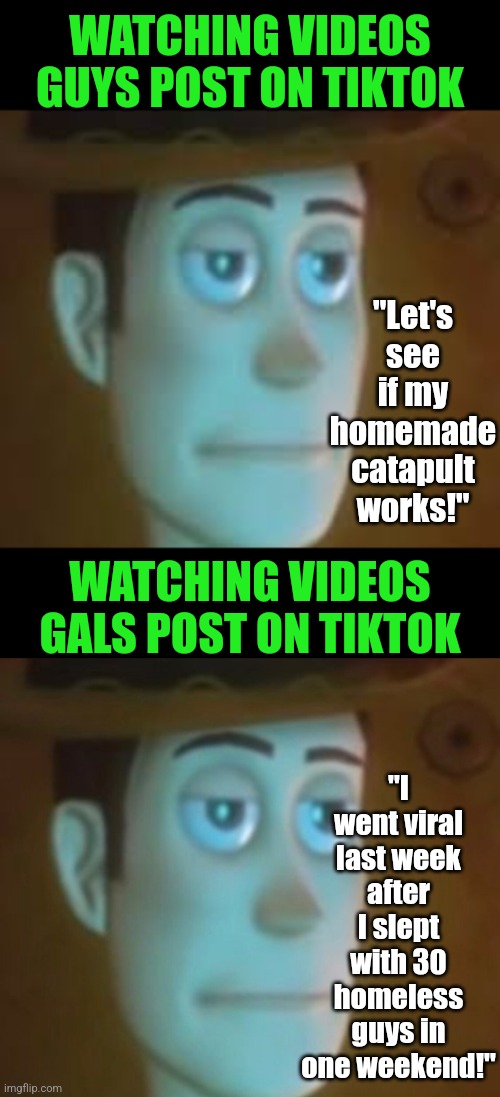 There is a remarkable difference between what modern men and modern women are doing in their free time. | WATCHING VIDEOS GUYS POST ON TIKTOK; "Let's see if my homemade catapult works!"; "I went viral last week after I slept with 30 homeless guys in one weekend!"; WATCHING VIDEOS GALS POST ON TIKTOK | image tagged in disappointed woody,tiktok sucks,real life,what gives people feelings of power,dissapointed,modern problems | made w/ Imgflip meme maker