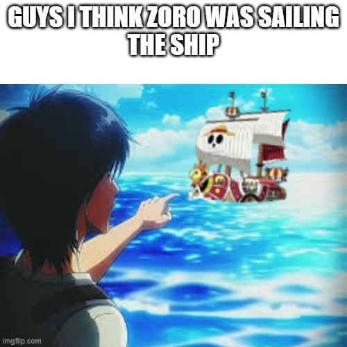 GUYS I THINK ZORO WAS SAILING
THE SHIP | made w/ Imgflip meme maker