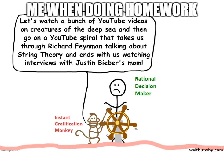 instant gratification monkey | ME WHEN DOING HOMEWORK | image tagged in instant gratification monkey | made w/ Imgflip meme maker