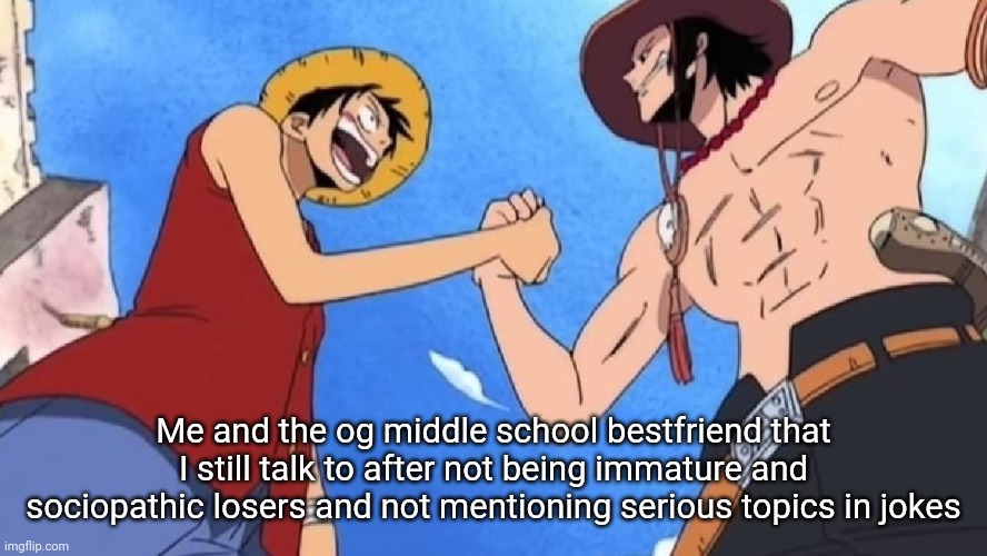 One Piece handshake | Me and the og middle school bestfriend that I still talk to after not being immature and sociopathic losers and not mentioning serious topics in jokes | image tagged in one piece handshake | made w/ Imgflip meme maker