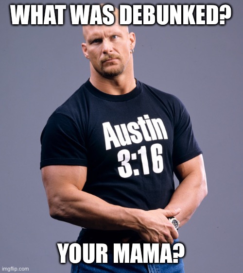 Stone Cold Steve Austin | WHAT WAS DEBUNKED? YOUR MAMA? | image tagged in stone cold steve austin | made w/ Imgflip meme maker